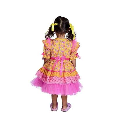 Imagem de Vestido Junino Bambolê Floral Amarelo Com Tulê Rosa