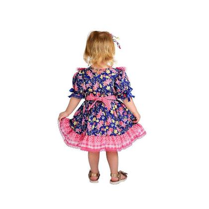 Imagem de Vestido Junino Bambolê Floral Com Avental e Tiara Azul Rosa
