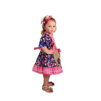 Imagem de Vestido Junino Bambolê Floral Com Avental e Tiara Azul Rosa
