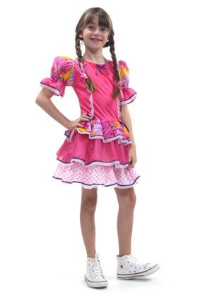 Imagem de Vestido Junino Caipira Infantil Babados Rosa Festa Quadrilha