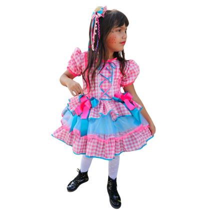 Imagem de Vestido Junino Infantil Caipira Xadrez Rosa Saia em Camadas