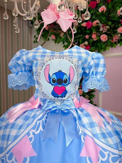 Imagem de Vestido Junino Temático Luxo Lilo Stitch Azul Bebê Modelo 2