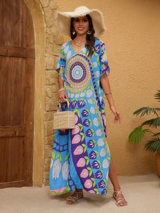 Imagem de Vestido Kaftan Boêmio plus Size Com Decote Em V Para Mulheres, Roupa De Praia, Cobertura De Maiô,
