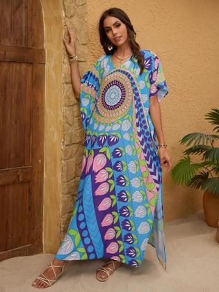 Imagem de Vestido Kaftan Boêmio plus Size Com Decote Em V Para Mulheres, Roupa De Praia, Cobertura De Maiô,