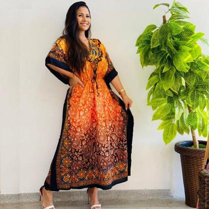 Imagem de Vestido Kaftan Longa Feminino Moda Hippie Boho Ajustável Plus Size