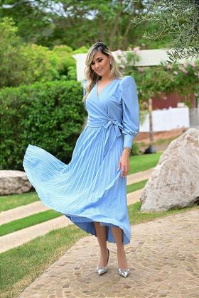 Imagem de Vestido Laura Midi Plissado com Mangas Bufantes e Faixa na Cintura - Elegante e Sofisticado