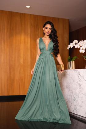 Imagem de Vestido Lonfo Festa Micro Tule Liso Decote em X Madrinha Formatura 