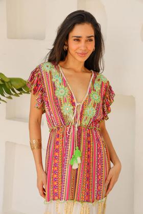 Imagem de Vestido Longo Boho com Estampa Floral e Bordado Dourado 5063