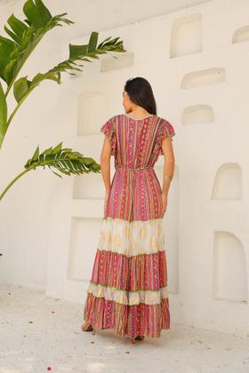 Imagem de Vestido Longo Boho com Estampa Floral e Bordado Dourado 5063
