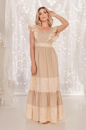 Imagem de Vestido Longo Bordado Ouro Com Babado Bege