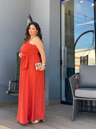 Imagem de Vestido Longo Branco Casamento Civil Noiva Gestante Chá Revelação Plus Size Manga Nula Fenda Faixa