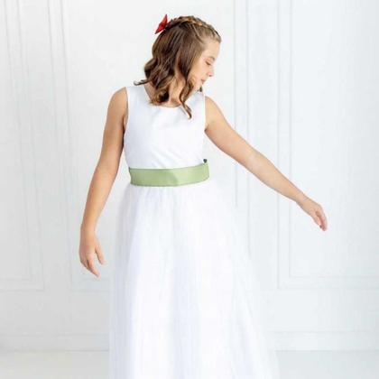 Imagem de Vestido Longo branco Faixa Lisa Verde Chá Infantil com Saia Tule Branco faixa REF4072