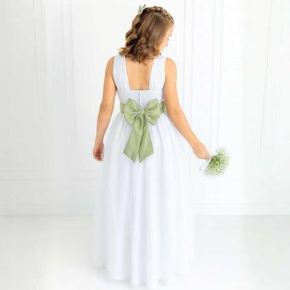 Imagem de Vestido Longo branco Faixa Lisa Verde Chá Infantil com Saia Tule Branco faixa REF4072