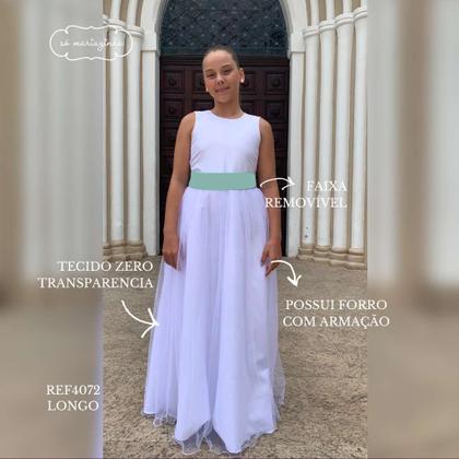 Imagem de Vestido Longo branco Faixa Lisa Verde Chá Infantil com Saia Tule Branco faixa REF4072