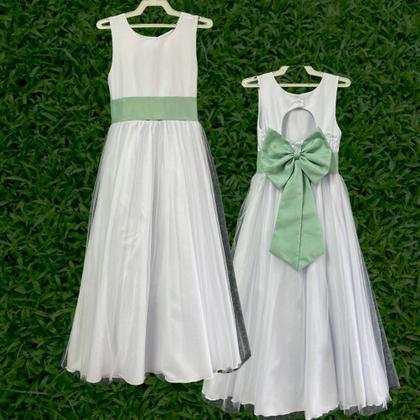 Imagem de Vestido Longo branco Faixa Lisa Verde Chá Infantil com Saia Tule Branco faixa REF4072