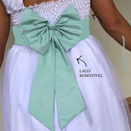 Imagem de Vestido Longo branco Faixa Lisa Verde Chá Infantil com Saia Tule Branco faixa REF4072