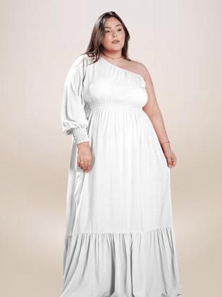 Imagem de Vestido Longo Branco Plus Size Ano Novo Festa Mula Manca Manga Comprida Elegante Rodado