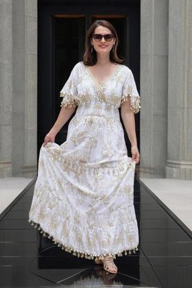 Imagem de Vestido Longo Casual Branco e Terra Dourada