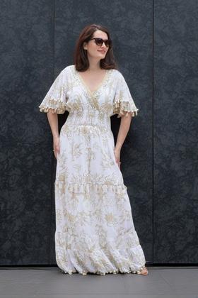 Imagem de Vestido Longo Casual Branco e Terra Dourada