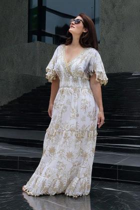 Imagem de Vestido Longo Casual Branco e Terra Dourada