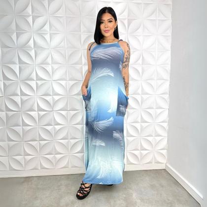 Imagem de Vestido Longo Casual Feminino de Alça com Bolsos em Malha Estampado