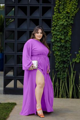 Imagem de Vestido Longo Com Fenda Plus Size Manga Única Longa Com Fita Ajustável Moda
