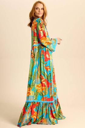 Imagem de Vestido Longo Com Mangas Longas Azul Claro Estampado Yacamim E18