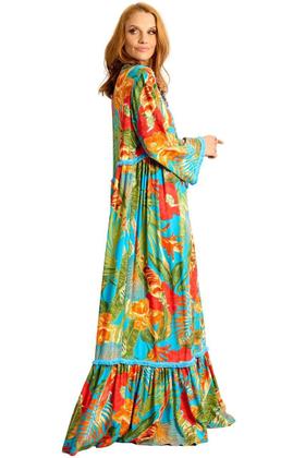 Imagem de Vestido Longo Com Mangas Longas Azul Claro Estampado Yacamim E18