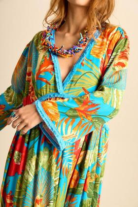 Imagem de Vestido Longo Com Mangas Longas Azul Claro Estampado Yacamim E18