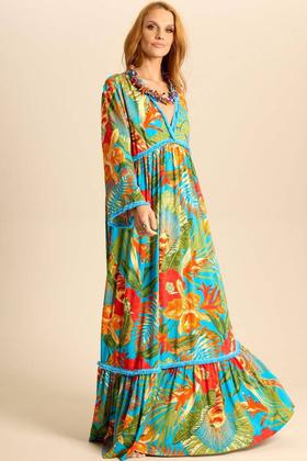 Imagem de Vestido Longo Com Mangas Longas Azul Claro Estampado Yacamim E18