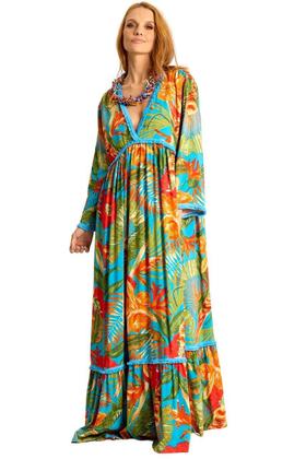 Imagem de Vestido Longo Com Mangas Longas Azul Claro Estampado Yacamim E18