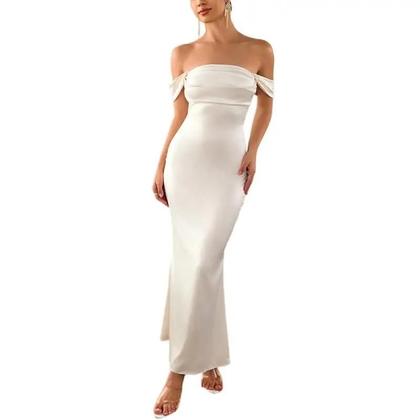 Imagem de Vestido Longo De Cetim Sem Alças Para Mulheres, Vestido Maxi De Festa Com Camadas Duplas E Ombros