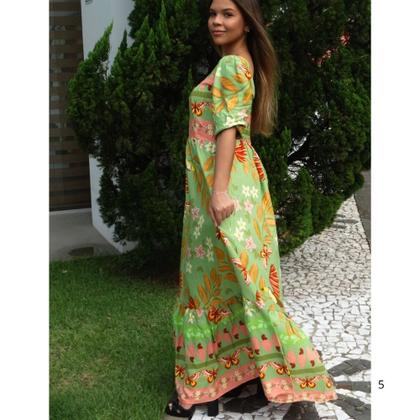 Imagem de Vestido Longo de Viscolinho com Manga 3/4 e Decote Quadrado - Verde