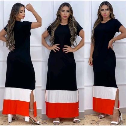 Imagem de Vestido longo feminino bicolor gola casual manga curta