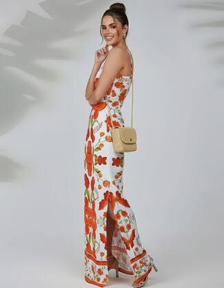 Imagem de Vestido Longo Feminino Com Fenda Floral Elegante Alcinha Verão Moderno Confortável Festa Casual Decote Reto Fresquinho -