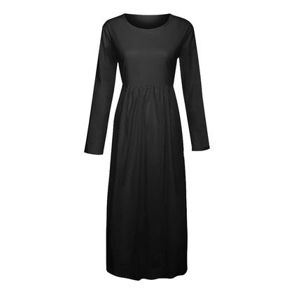 Imagem de Vestido longo feminino sólido de manga comprida com decote em O, bolsos, linho, folgado, kaftan