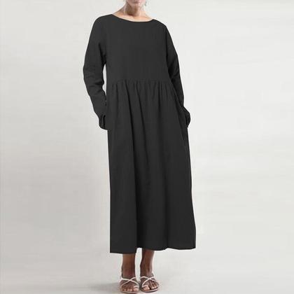 Imagem de Vestido longo feminino sólido de manga comprida com decote em O, bolsos, linho, folgado, kaftan