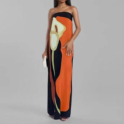 Imagem de Vestido Longo Feminino Verão 2024 - Sem Alças, Estampado Floral, Plus Size (S-3XL)