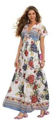 Imagem de Vestido Longo Fenda Floral Decote V Conforto Em Malha Fria