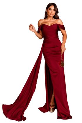 Imagem de Vestido Longo Festa Cetim Ombro a Ombro com Fenda Lateral