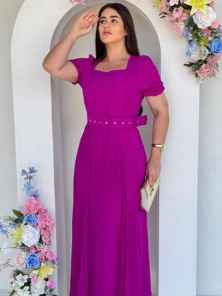 Imagem de Vestido Longo Festa Soltinho Fluido Elegante Decote Quadrado Evangélico