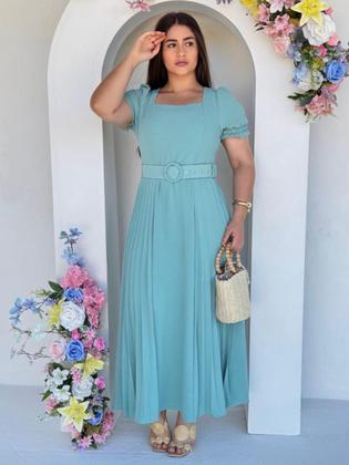 Imagem de Vestido Longo Festa Soltinho Fluido Elegante Decote Quadrado Evangélico