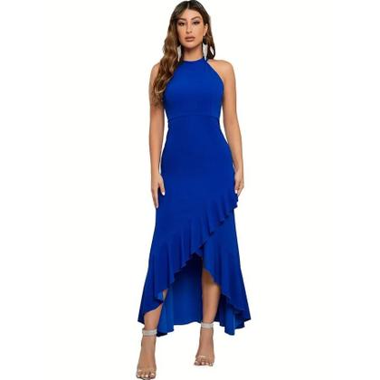 Imagem de Vestido Longo Formal Sereia Feminino Com Gola Halter, Babados E Fenda, Modelo Justo Para Madrinhas