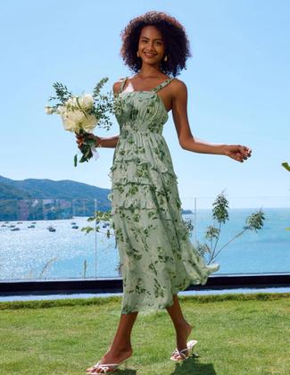Imagem de Vestido longo GRACE KARIN Elegante floral em camadas verde S de chiffon