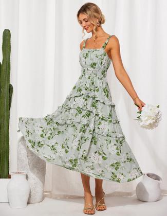 Imagem de Vestido longo GRACE KARIN Elegante floral em camadas verde S de chiffon