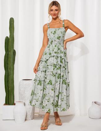 Imagem de Vestido longo GRACE KARIN Elegante floral em camadas verde S de chiffon
