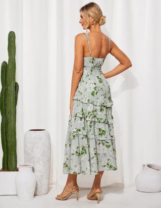 Imagem de Vestido longo GRACE KARIN Elegante floral em camadas verde S de chiffon