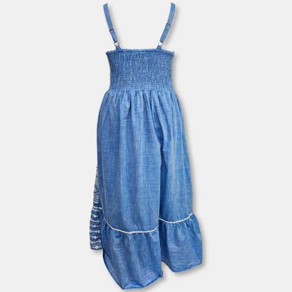 Imagem de Vestido Longo Indiano boho Chic Tipo Jeans Bordados e Botões