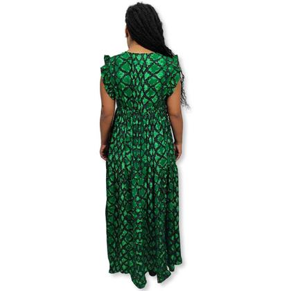Imagem de Vestido Longo Indiano Manga Curta Seda Estampado Decote V