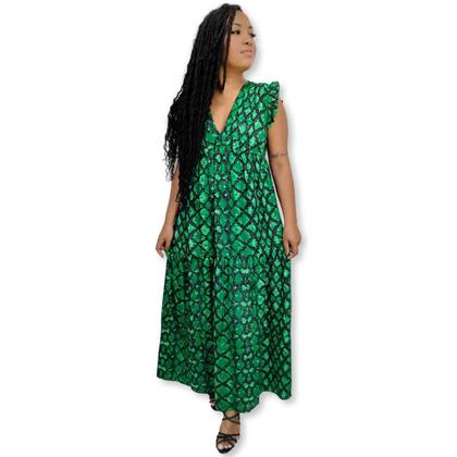 Imagem de Vestido Longo Indiano Manga Curta Seda Estampado Decote V